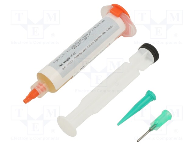 Flux: rosin based; halide,ROM1; gel; syringe; 10ml; yellow