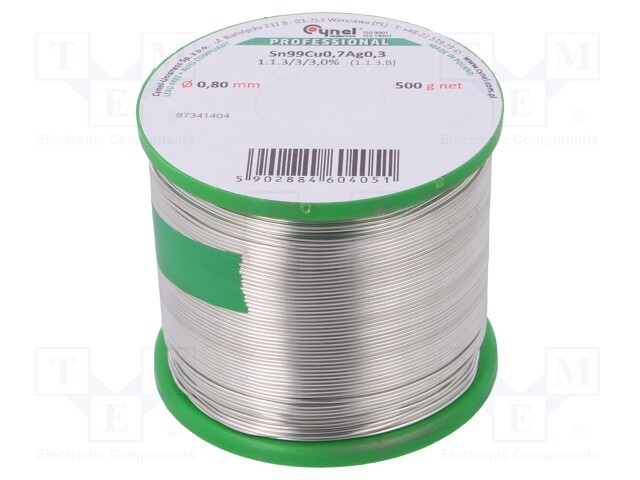 Soldering wire; Sn99Ag0,3Cu0,7; 0.8mm; 500g; lead free; 216÷227°C