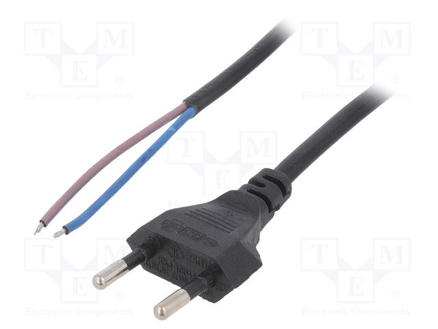 Cable; CEE 7/16 (C) plug,wires; 1.5m; flat; black; PVC; 2x0,75mm2