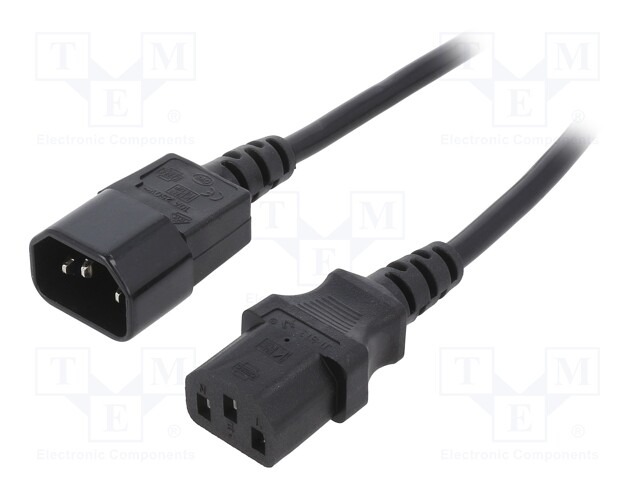 Cable; IEC C13 female,IEC C14 male; 3m; black; PVC; 3x1mm2; 16A