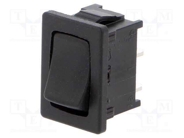 ROCKER; SPST; Pos: 2; OFF-ON; 6A/250VAC; black; IP40; none; 100mΩ