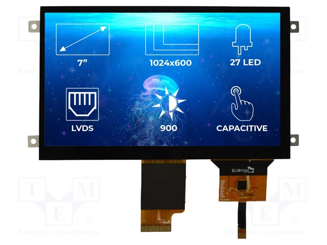 Display: TFT; 7"; 1024x600; Illumin: LED; Dim: 164.9x100x5.7mm