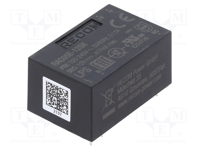 Converter: AC/DC; 5W; 90÷264VAC; Usup: 130÷370VDC; Uout: 12VDC; 78%