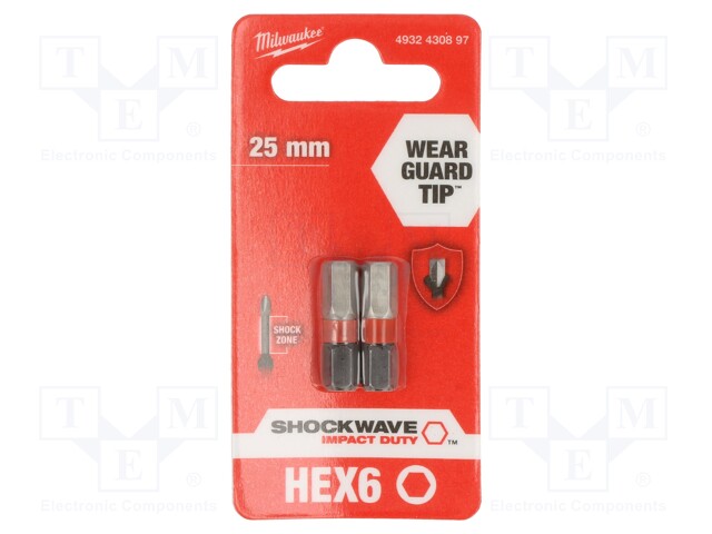 Screwdriver bit; hex key; HEX 6mm; Overall len: 25mm; 2pcs.