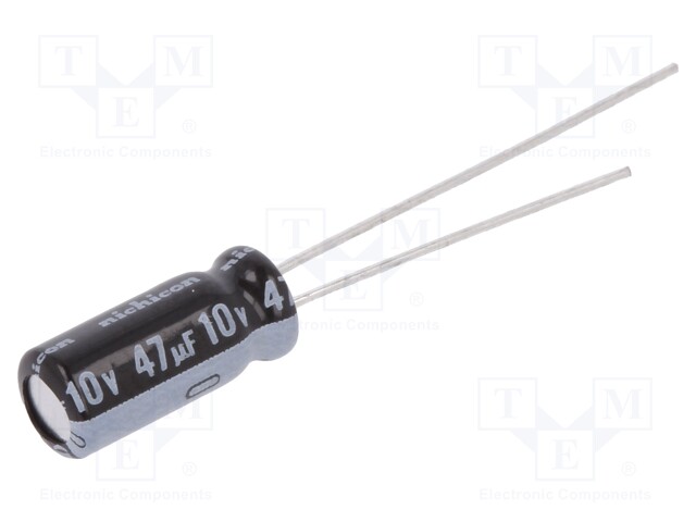 Capacitor: electrolytic; THT; 47uF; 10VDC; Ø5x11mm; Pitch: 2mm; ±20%