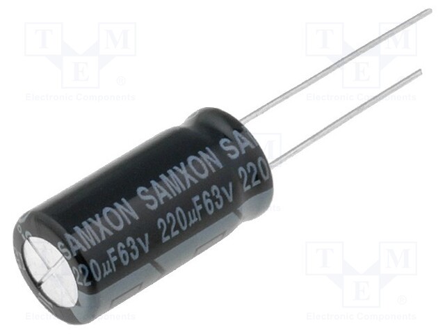 Capacitor: electrolytic; THT; 220uF; 63VDC; Ø10x20mm; Pitch: 5mm