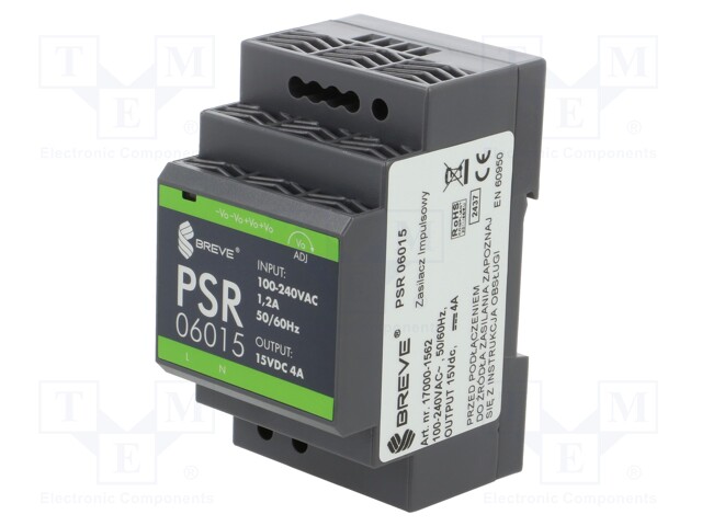 Power supply: switched-mode; for DIN rail; 60W; 15VDC; 4A; IP20