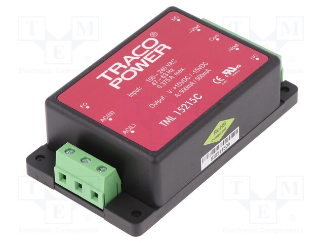 Power supply: switched-mode; 15W; 15VDC; 27.6x54x96mm; -15VDC