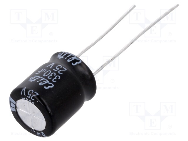 Capacitor: electrolytic; THT; 330uF; 25VDC; Ø10x12.5mm; Pitch: 5mm