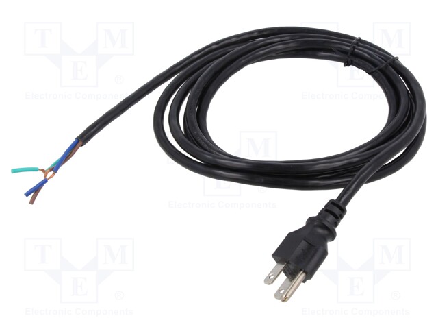 Cable; NEMA 5-15 (B) plug,wires; PVC; 3m; black; 3x18AWG; 10A; 125V