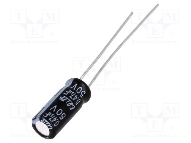 Capacitor: electrolytic; THT; 0.47uF; 50VDC; Ø5x11mm; Pitch: 2mm