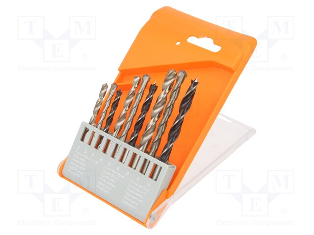 Drill set; for concrete,for wood,for metal; steel; box; 9pcs.