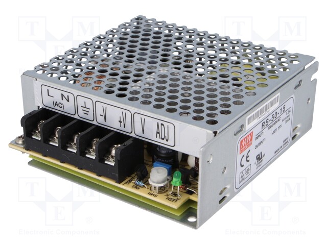 Power supply: switched-mode; modular; 51W; 15VDC; 99x97x36mm; 3.4A