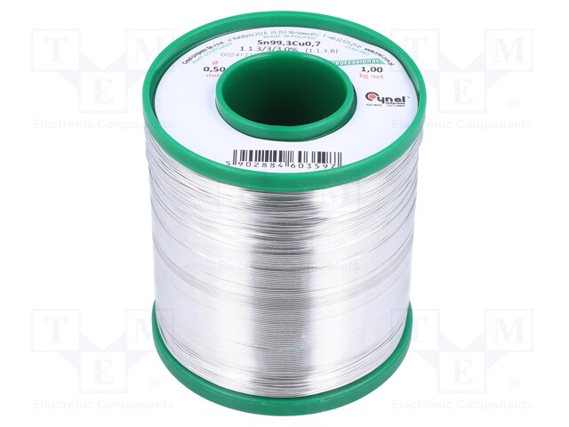 Soldering wire; Sn99,3Cu0,7; 0.5mm; 1000g; lead free; 240°C; 3%