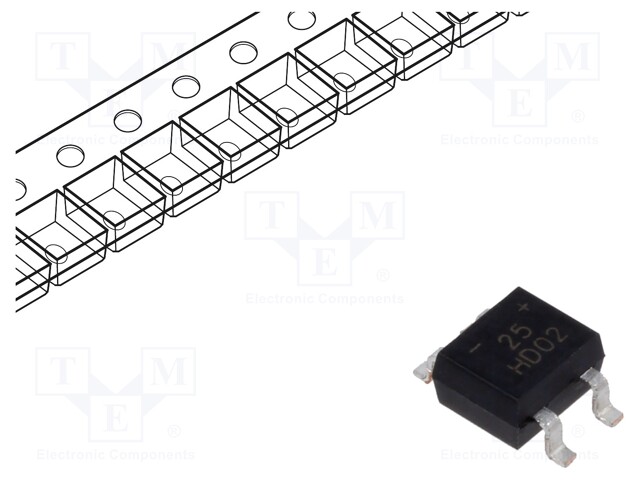 Single-phase bridge rectifier; Urmax: 200V; If: 0.8A; Ifsm: 30A