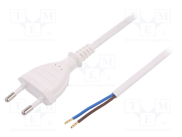 Cable; CEE 7/16 (C) plug,wires; 1m; white; PVC; 2x0,75mm2; 2.5A