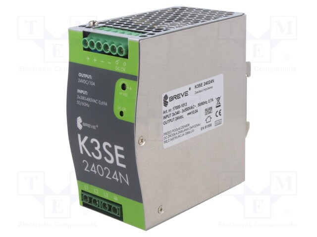 Power supply: switched-mode; for DIN rail; 240W; 24VDC; 10A; IP20