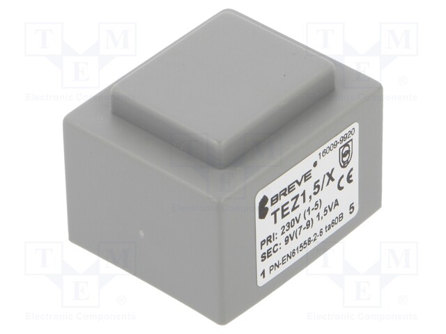 Transformer: encapsulated; 1.5VA; 230VAC; 9V; 167mA; Mounting: PCB