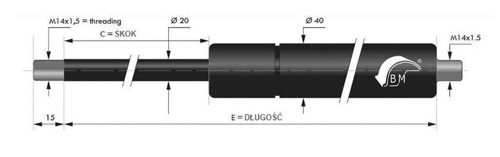 Gas spring; Thread: M14x1,5; E: 416mm; Øout: 40mm; Piston diam: 20mm