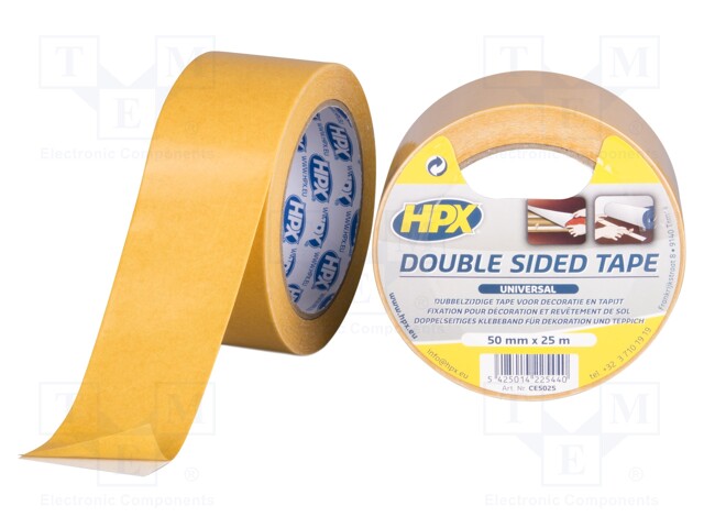 Tape: fixing; W: 50mm; L: 25m; D: 0.08mm; V: double-sided; white