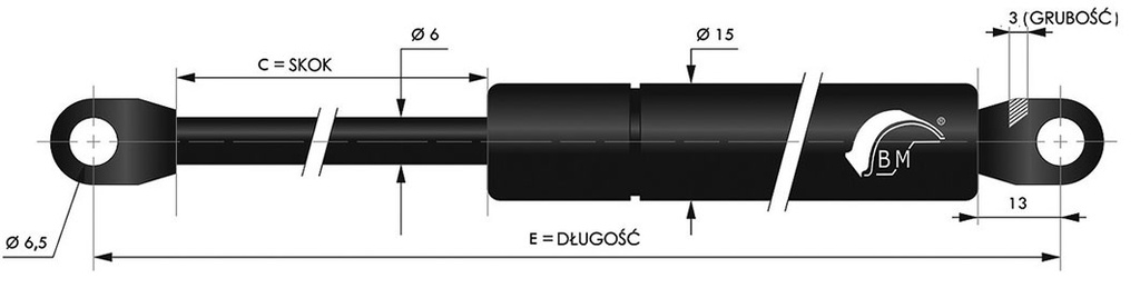 Gas spring; E: 365mm; Features: with welded steel eyes; Øout: 15mm