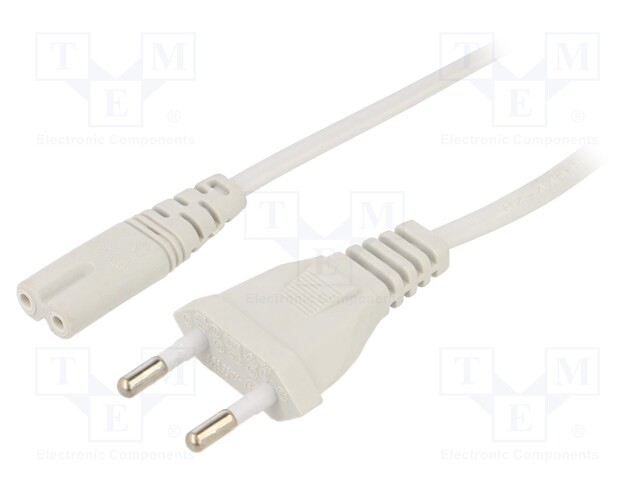 Cable; CEE 7/16 (C) plug,IEC C7 female; PVC; 3m; white; 2x0,5mm2