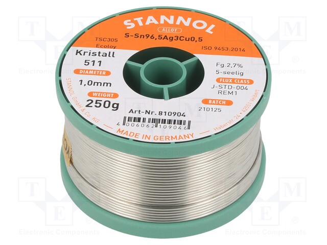 Soldering wire; Sn96Ag3Cu1; 1mm; 0.25kg; lead free; Package: reel