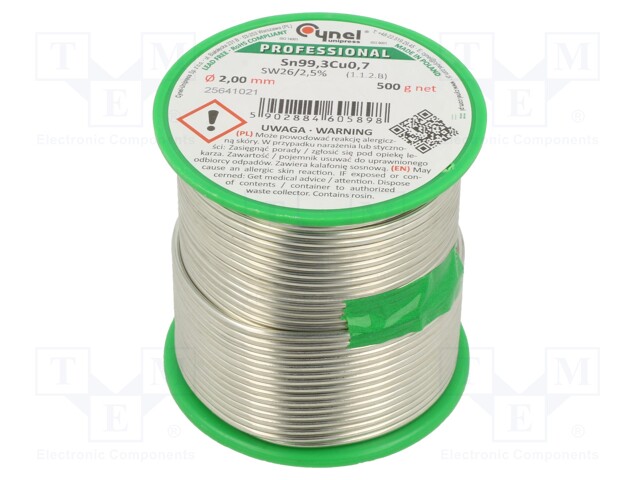 Soldering wire; Sn99,3Cu0,7; 2mm; 500g; lead free; Package: reel