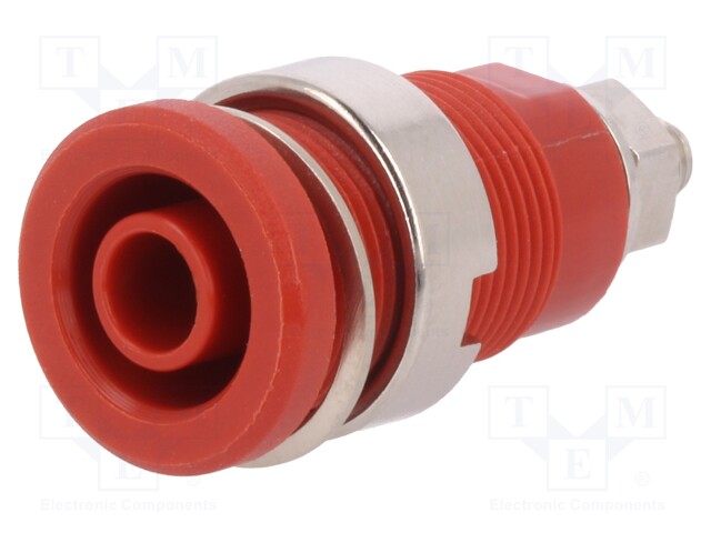 Socket; 4mm banana; 32A; red; nickel plated; screw,on panel; 32mm