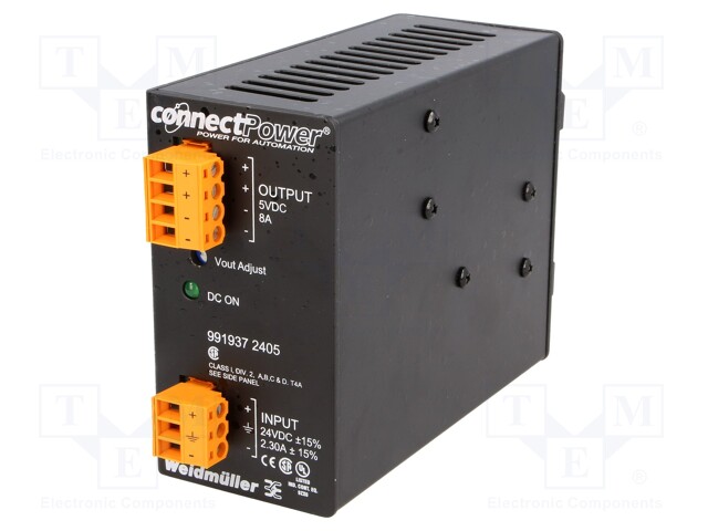 Power supply: DC/DC; 40W; 5VDC; 8A; 18÷30VDC; Mounting: DIN; 417g