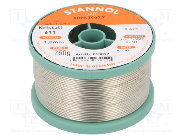 Soldering wire; Sn99,3Cu0,7; 1mm; 250g; lead free; Package: reel