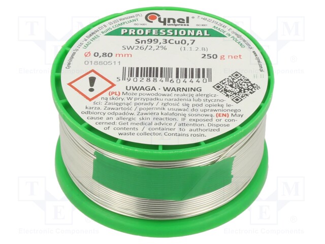 Soldering wire; Sn99,3Cu0,7; 0.8mm; 250g; lead free; Package: reel