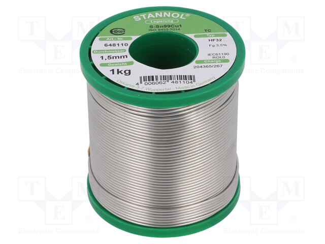 Soldering wire; Sn99Cu1; 1.5mm; 1kg; lead free; Package: reel