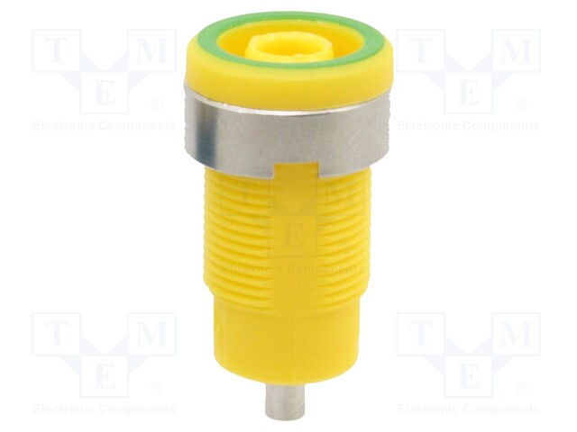 Socket; 4mm banana; 25A; yellow-green; nickel plated; soldered