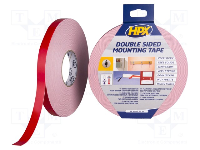 Tape: fixing; W: 19mm; L: 25m; D: 1.1mm; V: double-sided; acrylic