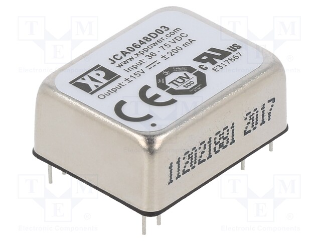 Isolated Board Mount DC/DC Converter, 2:1 Input, ITE, 2 Output, 6 W, 15 V, 200 mA, 15 V