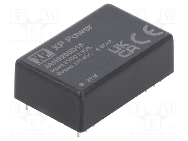 Isolated Board Mount DC/DC Converter, 1kV Isolation, ITE, 2 Output, 2 W, 15 V, 67 mA, -15 V