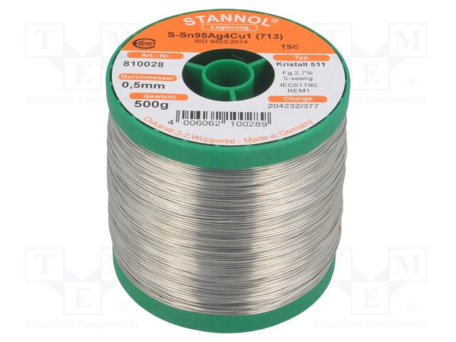 Soldering wire; Sn95Ag4Cu1; 500um; 0.5kg; lead free; Package: reel