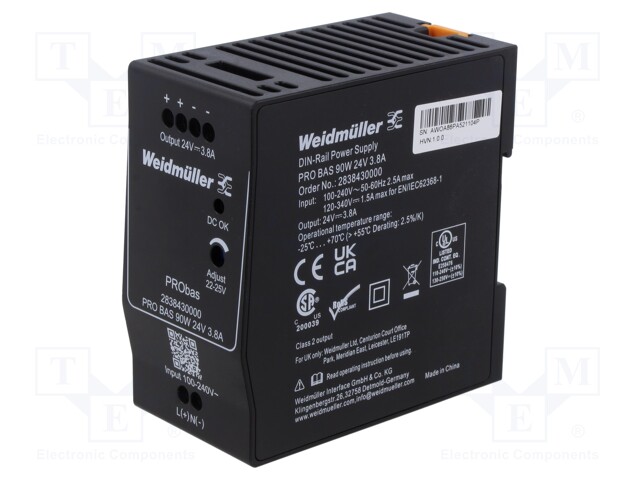 Power supply: switched-mode; for DIN rail; 90W; 24VDC; 3.8A; 376g