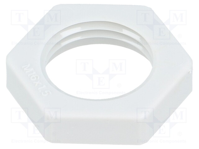 Nut; M16; polyamide; D: 5mm; Spanner: 22mm; light grey; Pitch: 1,5