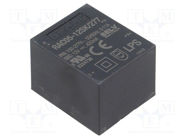 Converter: AC/DC; 5W; Uout: 12VDC; Iout: 416mA; 83%; Mounting: PCB
