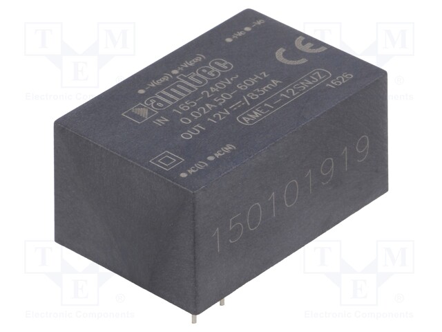 Converter: AC/DC; 1W; Uout: 12VDC; Iout: 0.083A; 69%; Mounting: PCB