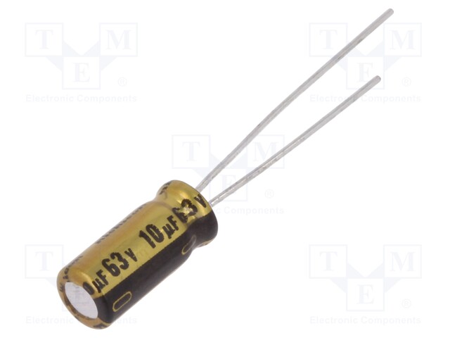 Capacitor: electrolytic; THT; 10uF; 63VDC; Ø5x11mm; Pitch: 2mm; ±20%