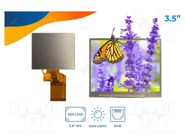 Display: TFT; 3.5"; 320x240; Window dimensions: 70.08x52.56mm