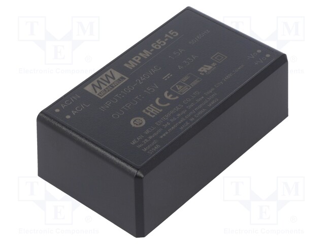 Power supply: switched-mode; modular; 65W; 15VDC; 87x52x29.5mm