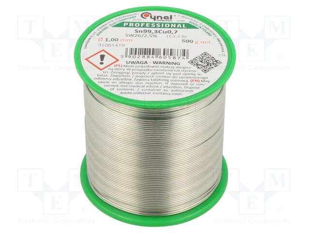 Soldering wire; Sn99,3Cu0,7; 1mm; 500g; lead free; Package: reel