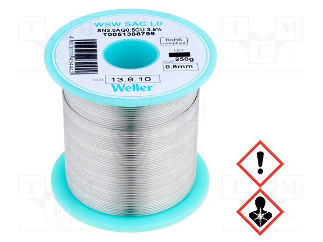 Soldering wire; Sn96,5Ag3,0Cu0,5; 0.8mm; 250g; lead free; 3.5%