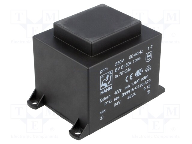 Transformer: encapsulated; 35VA; 230VAC; 24V; 1458mA; Mounting: PCB