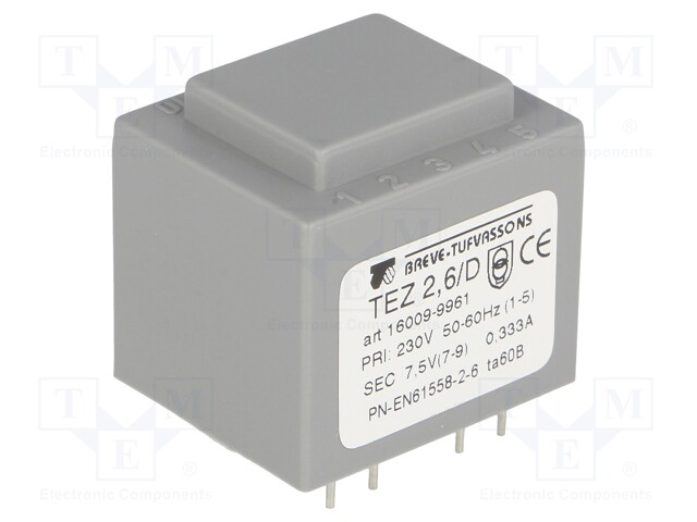 Transformer: encapsulated; 2.5VA; 230VAC; 7.5V; 333.3mA; IP00; 120g