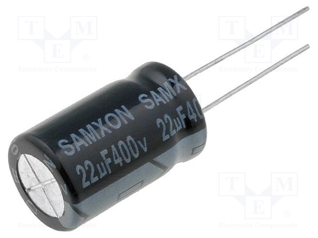 Capacitor: electrolytic; THT; 22uF; 400VDC; Ø12.5x20mm; Pitch: 5mm